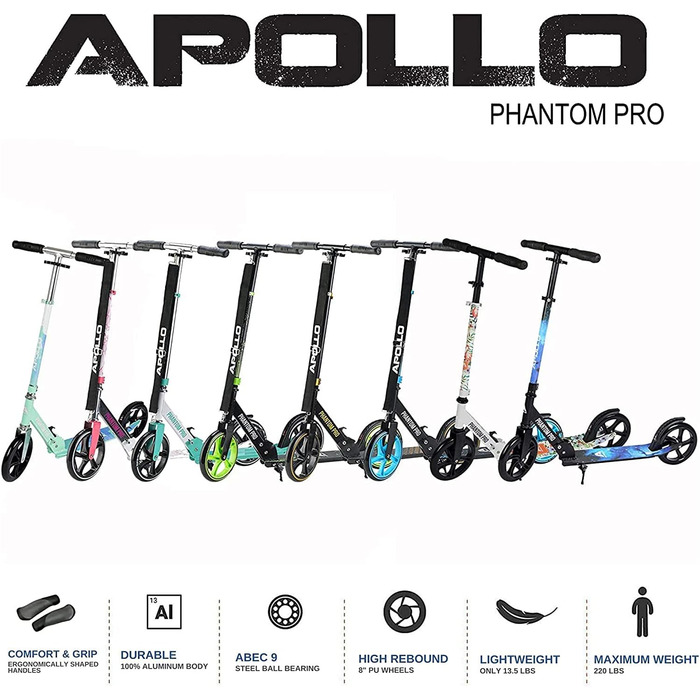 Електросамокат Apollo Phantom Pro для міста, XXL-колеса, складаний, регульована висота, для дорослих і дітей, компактний міський самокат