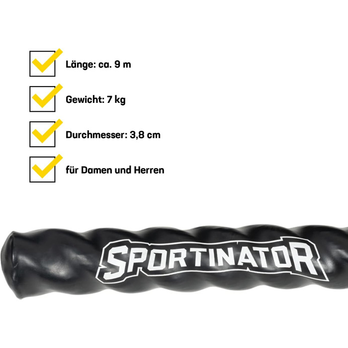Батл-роуп SPORTINATOR® 9 м, 7 кг – тренувальний канат для фітнесу, з пластиковими ручками, для координації та витривалості, для жінок і чоловіків