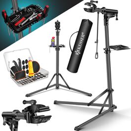 Підставка для велосипедів KESSER® Profi Alu: для ремонту та збирання гірських, електровелосипедів. 360° обертання, сумка, ремкомплект, магнітний органайзер для інструментів (антрацит)