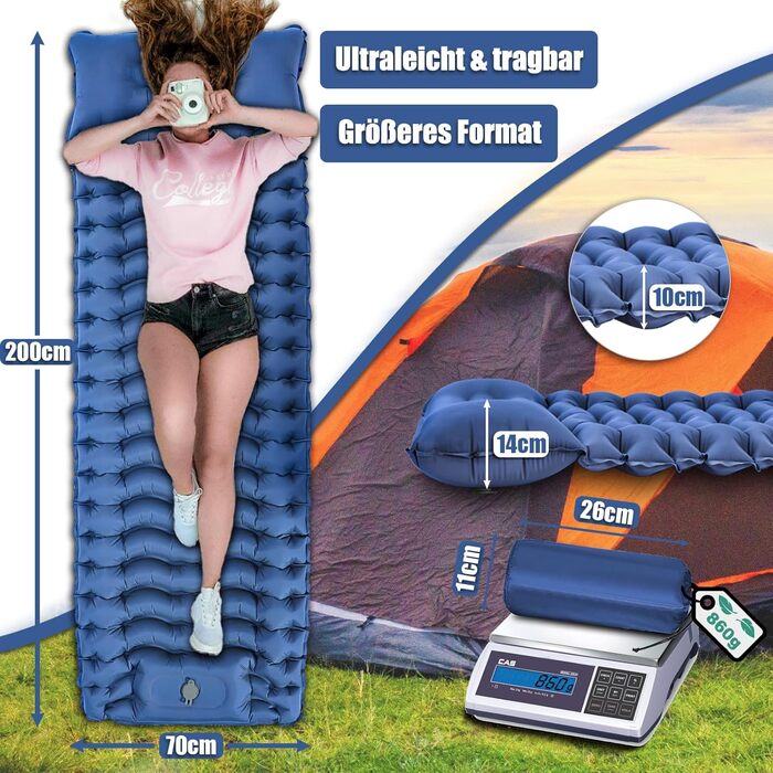 Надувна туристична матрац Holwim Isomatte з самонадуваванням, з подушкою та насосом, блакитна