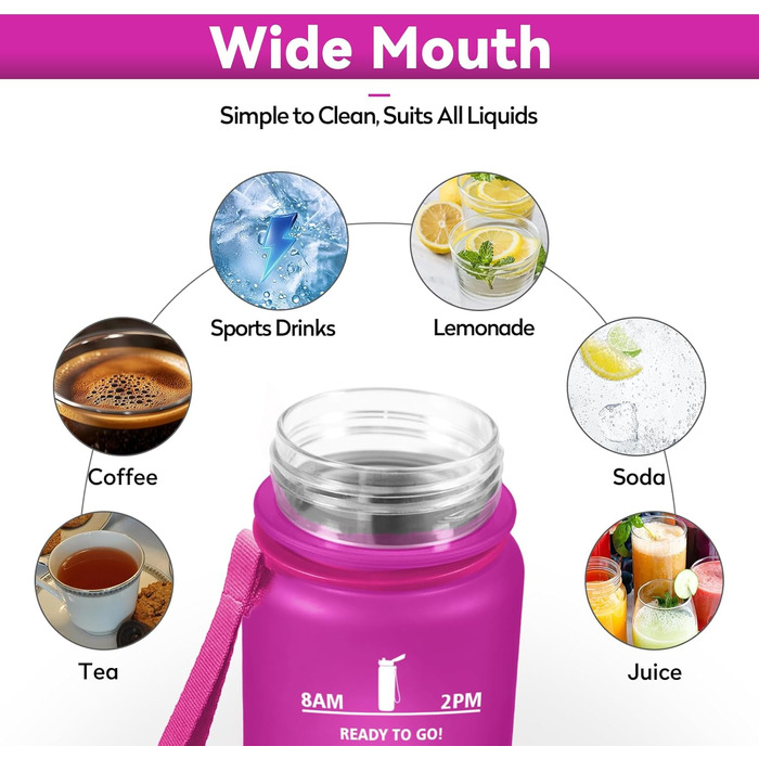 Спортивна пляшка 1л з маркуванням часу, фільтром, для газованої води, велосипеда, бігу, дорослих, 1000 мл, фіолетово-чорна