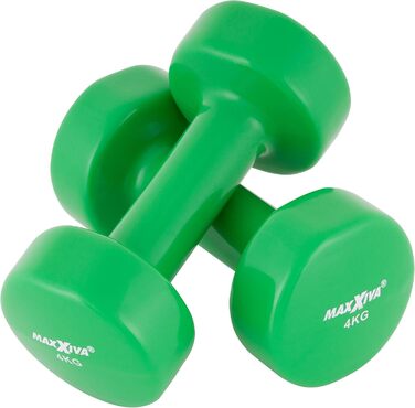 Гантелі MAXXIVA 2x4 кг з вініловим покриттям, стальний стрижень, короткі, для фітнесу, силових тренувань, зелений колір