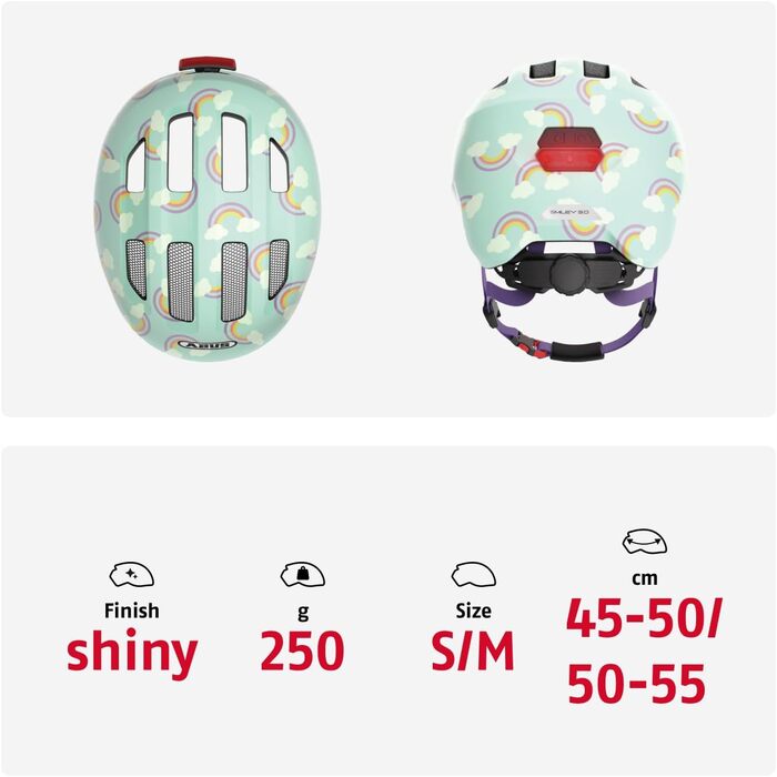 Дитячий велосипедний шолом ABUS Smiley 3.0 LED, глибока посадка, світлодіодна підсвітка, для малюків, місце для хвостика, унісекс, розмір M (50-55 см), блакитний (blue rainbow), безпечний і яскравий дизайн