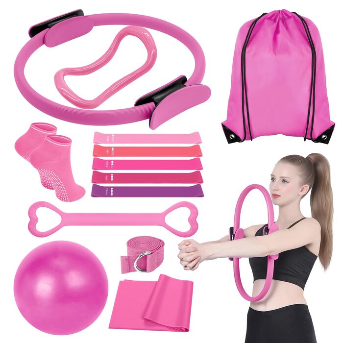 Набір для пілатесу: 13 елементів, кільце для пілатесу 38 см, фітбол 25 см, еластичні стрічки, рожевий. Обладнання для домашнього фітнесу