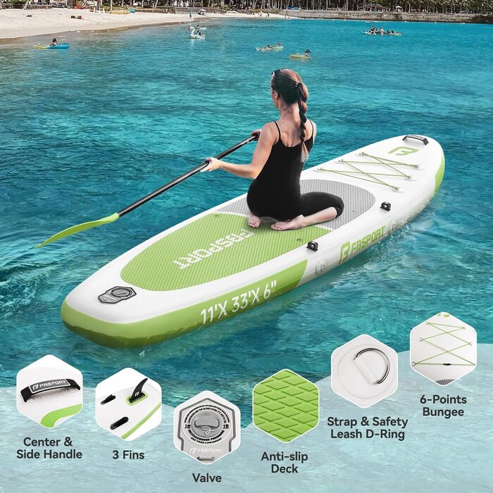 FBSPORT SUP дошка Stand Up Paddle 335 см для дорослих, надувна, з антиковзким покриттям, комплект з веслом, насосом та аксесуарами для йоги, подорожей та серфінгу (Фруктів зелений)