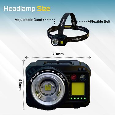 RABLEX RB658 LED-ліхтар на голову, 550 люмен, перезарядна козялка з 7 режимами, червоне світло, датчик, USB, IPX6, водонепроникний, компактний, для кемпінгу та походів