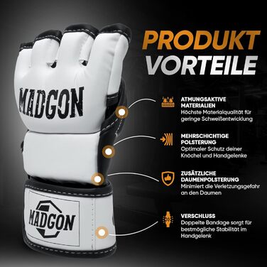 MADGON Преміум рукавички для MMA, бойових мистецтв, греплінгу, спарингу, крав мага, муай-тай, боксу, для чоловіків і жінок, біло-чорні, розмір XL