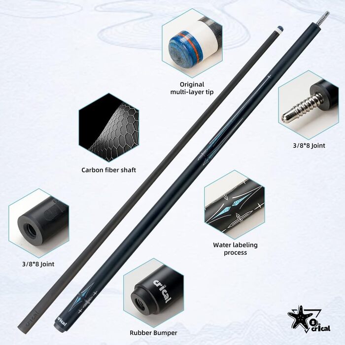 CRICAL Більярдний кий з карбонового волокна, 147.3 см, професійний, з'єднання 3/8 x 8, наконечник 12.5 мм