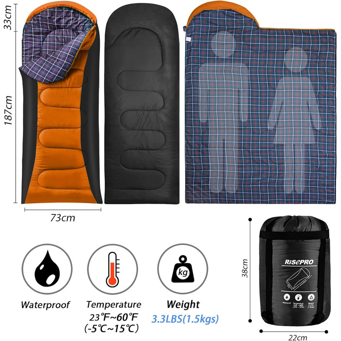 Сплячий мішок RISEPRO Легкий, 1,6 кг, фланелевий, водонепроникний, для 3-4 сезонів, дорослих та дітей, для дому, вулиці, кемпінгу, хайкінгу, чорний