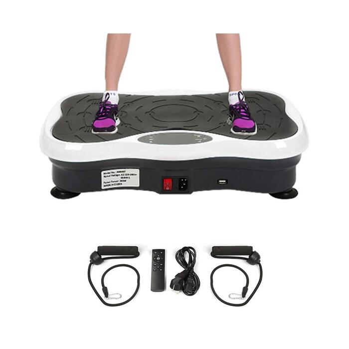 Віброплатформа для фітнесу з Bluetooth та USB, тренувальні гуми, пульт ДУ, чорно-біла
