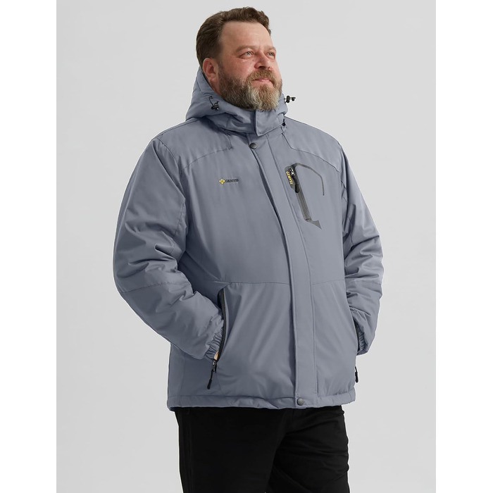 Чоловіча тепла зимова куртка GEMYSE для катання на лижах, вітро- та водонепроникна, дихаюча, з багатьма кишенями, з капюшоном (Сірий, M)