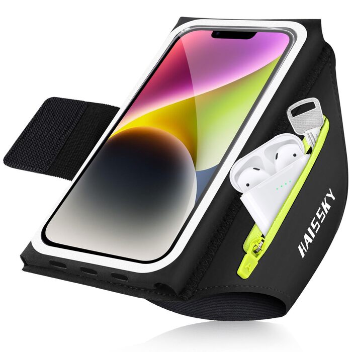 Спортивний браслет для телефону: фіксатор для бігу, сумка для мобільного з кишенею для навушників, аксесуар для бігу. Підходить для iPhone 17/16/15/14/13 Pro Max, Galaxy S25/S24/S23 Ultra (до 6.9 дюймів). Колір: зелений, з блискавкою.