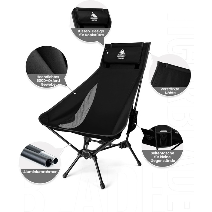 OneTigris TIGERBLADE складаний туристичний стілець з високою спинкою, 170 кг, легкий, з трикутним каркасом, з 2 кишенями, для відпочинку на природі, риболовлі, пікніків (Чорний)