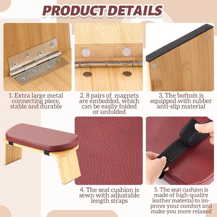Банкетка для медитації Beeveer з товстим сидінням, бамбукова, складна, з магнітним замком, для йоги, подорожей, молитви та дзен-медитації