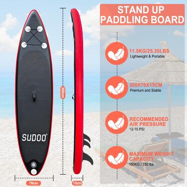 Надувний SUP борд для 2+1 людини/сім'ї Stand Up Paddling Board SUP06RK Black Red - до 150 кг, з веслом та плавниками