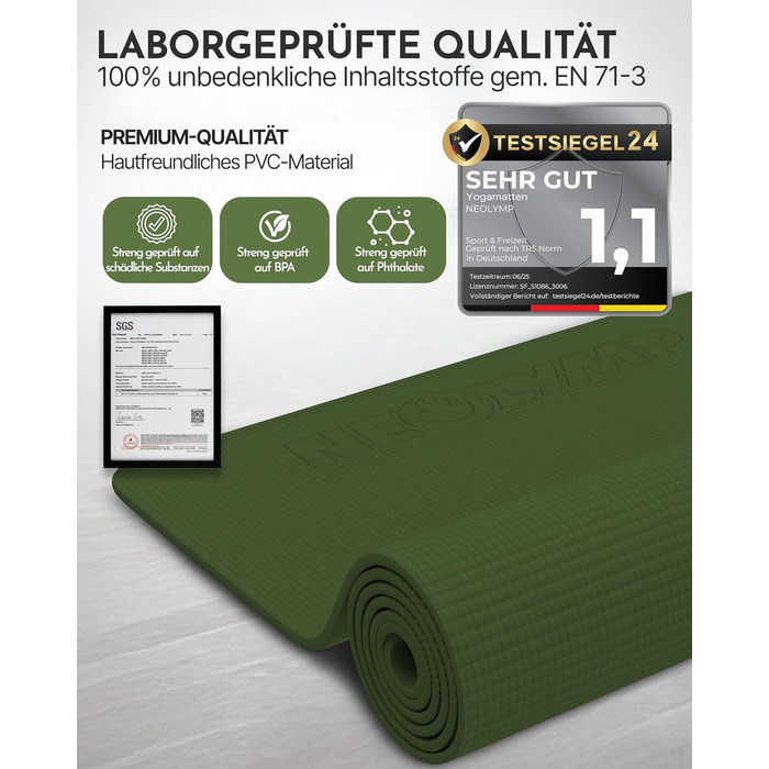Килимок для йоги NEOLYMP - неслизький, для захисту суглобів - 183x61 см - PVC - для йоги, пілатесу - з E-book та відео-упражненнями (оливковий)