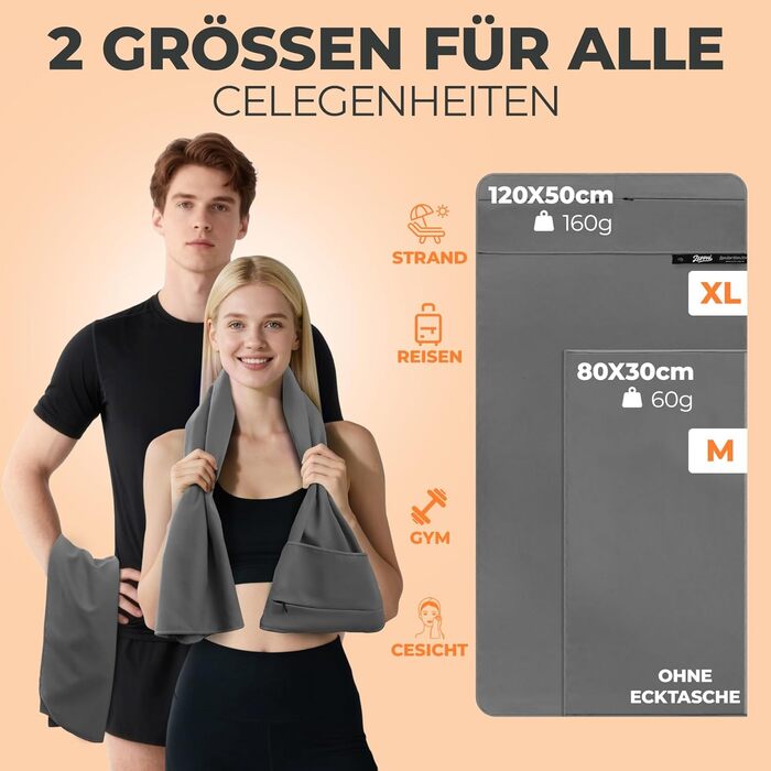 Рушник для фітнесу Zepphi 120x50 см + 80x30 см | Мікрофібра, кишеня на блискавці | Для спортзалу та тренувань | Швидковисихаючий, компактний | Темно-сірий