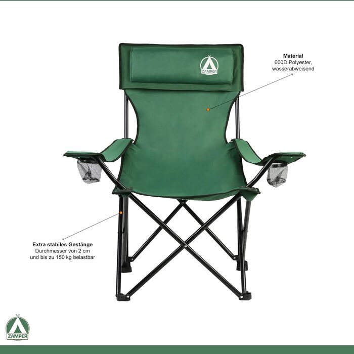 Крісло для кемпінгу Zamper 150 кг, складне – риболовне та кемпінгове з підстаканником та знімною подушкою для голови