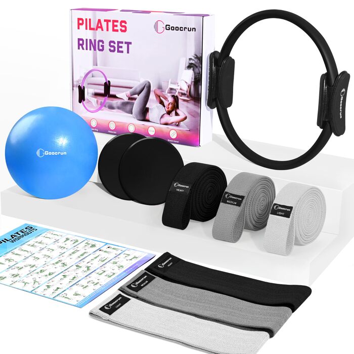 Pilates-кільце Goocrun з гумовими стрічками, м'ячем та слайдерами для фітнесу вдома – комплект з постером (Чорний)