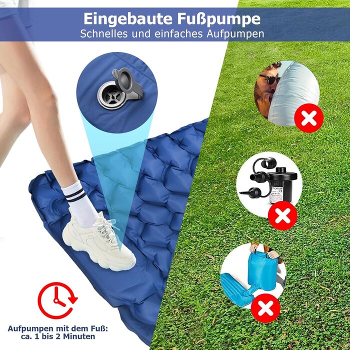 Каремат Amtake самонадувний, 10 см, для кемпінгу, туристичний, ультралегкий, з насосом, водонепроникний, для відпочинку на природі, пікніків, пляжу, блакитний