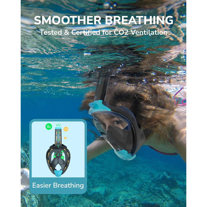 Маска для снорклінгу ACURE SN04, повна маска з кріпленням для камери, антизапітніння, CO2 безпечна, для дорослих та підлітків (чорно-зелена, S/M)