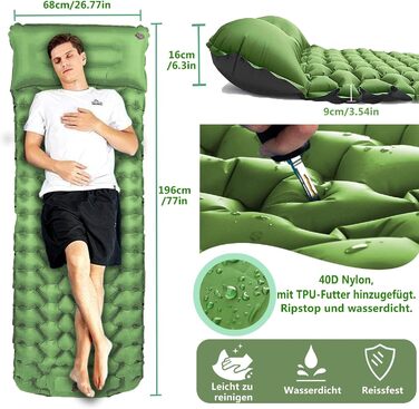 TENQUAN Килимок для кемпінгу самонадувний, 9см, для сну, відпочинку, подорожей, з насосом, для авто, намету, трекінгу, пляжу (Pfauen/Grau) (Grün)
