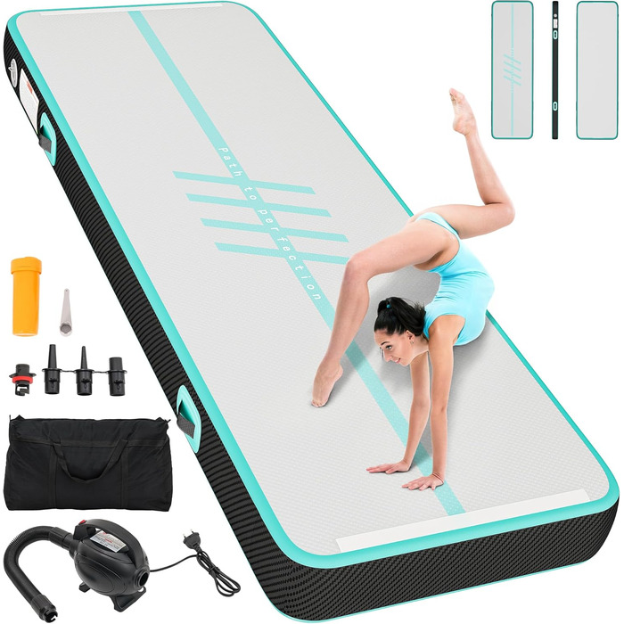 Накидка-мат для гімнастики DWVO Air Matte Track, 3/4M, 4M з вуглецевим волокном, стильний дизайн з повітряним насосом 10см, для тренувань, акробатики, йоги, активного відпочинку та фітнесу, зелений колір, покращений шрифт (чорний шрифт, 4M)