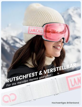 Ламмікал - Скі-маска для чоловіків та жінок, сноуборд маска з OTG - [Ultra HD, широке поле зору] - Анти-туманна скі маска для людей у окулярах, дзеркальна сноуборд маска, скі маска UV400 з захистом від відблисків (Покращена - біла рама - рожевий колір (VL