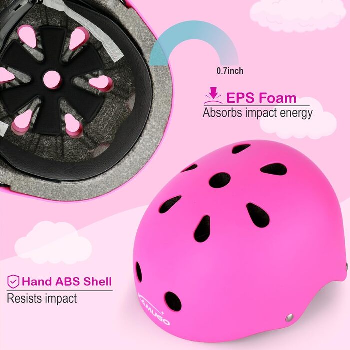 Дитячий шолом KAMUGO для ролерів та велосипеда, 2-8 років, комплект захисту (коліна, лікті, зап'ястя), темно-рожевий
