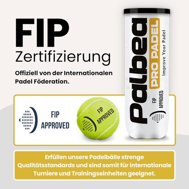 Palbea PRO Padel - М'ячі для падел-тенісу, сертифіковані FIP, преміум якість. Підходять для тренувань та турнірів. 1 картон x 6/12/24 туби.