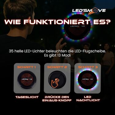 LED Фрісбі літаюча диско 38 LED, 12 режимів, USB-C, водонепроникне, чорний 22.5 см