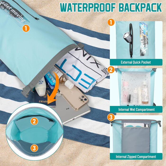 Водонепроникний мішок Dry Bag 20L RollTop: рюкзак, сумка для каякінгу, рафтингу, риболовлі, плавання, блакитний