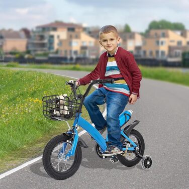 Дитяче велосипед 12 дюймів, регульована висота, для дітей 2-5 років, з додатковими колесами, кошиком та пляшкою, блакитний велосипед для дівчаток та хлопчиків