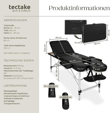 Масажний стіл Tectake® складний, регульований по висоті, з 3 зонами, чорний | для косметичних процедур, масажу, татуювання