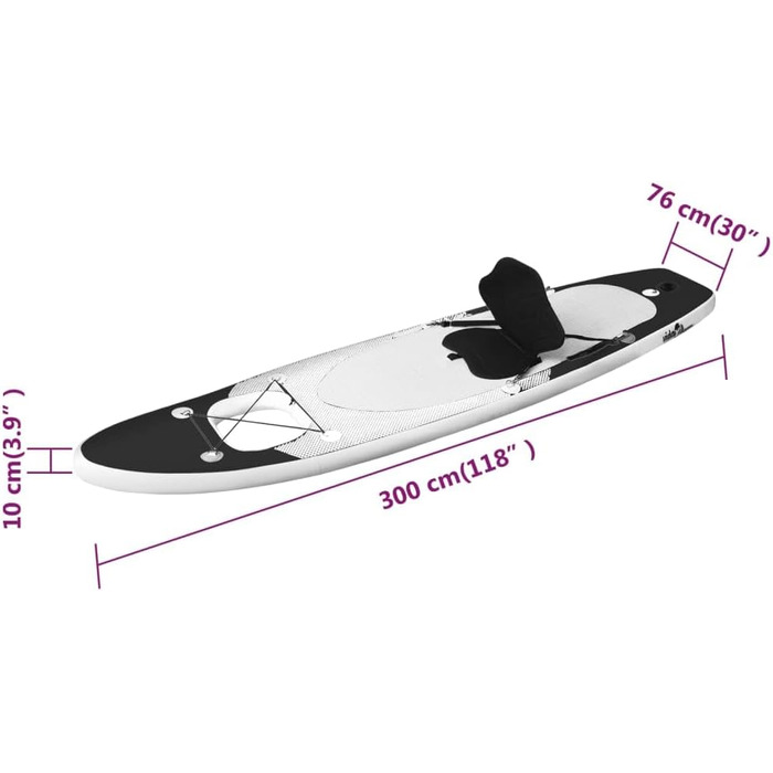 Набір SUP-дошка vidaXL надувна для дорослого, 300x76x10 см, чорна, весло, серфборд для падлбордингу