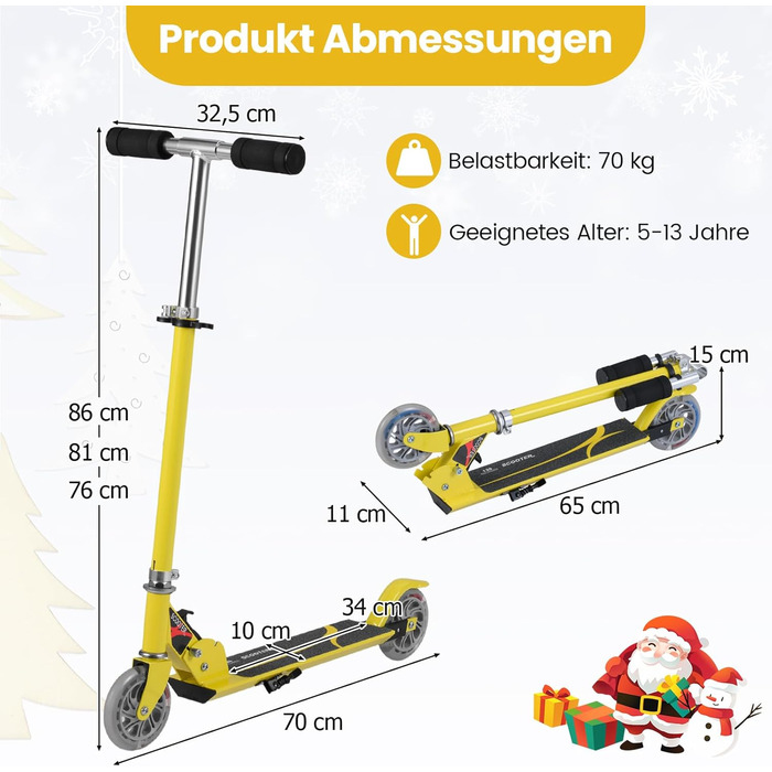 Дитячий ролер GOPLUS Roller Kinder 4 роки з LED-колесами, гальмом на задньому колесі та підніжкою, регульована висота, легкий алюмінієвий, складний, до 70 кг (жовтий)