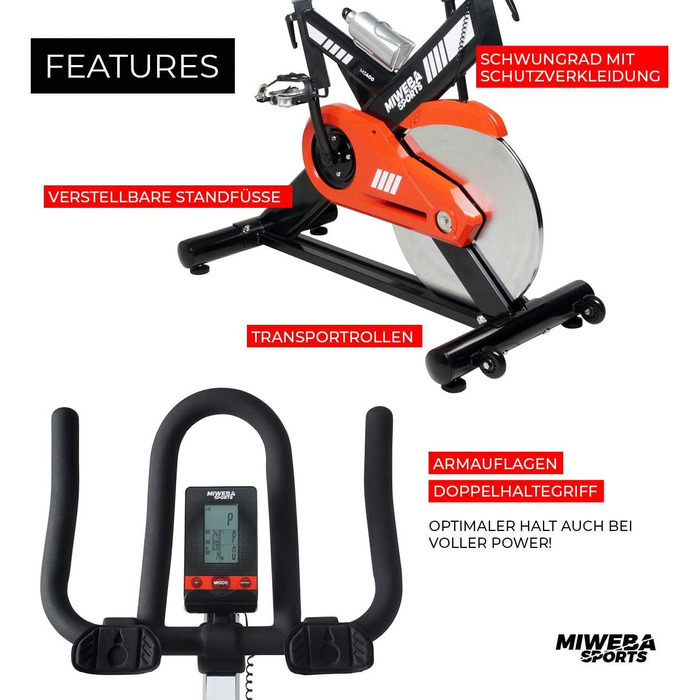 Професійний велотренажер Miweba Sports MS400 для дому, 22 кг маховик, навантаження до 150 кг, безступінчасте регулювання, вимір пульсу, спін-байк, ергометр