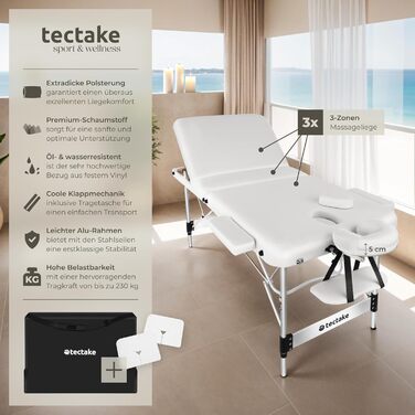 Складаний масажний стіл tectake 3 зони, алюмінієва масажна кушетка з регулюванням висоти, портативне масажне ліжко з аксесуарами, підголівником, підлокітниками, сумкою, білий