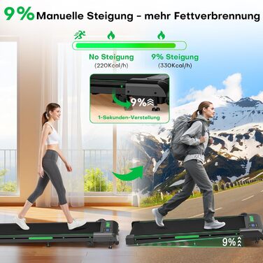 Walking Pad - біговий доріжки для дому з регулюванням нахилу до 9%, потужність 2.5HP, LED-дисплей, пульт дистанційного керування, 12 програм, подвійне амортизація, до 150 кг, чорно-зелений