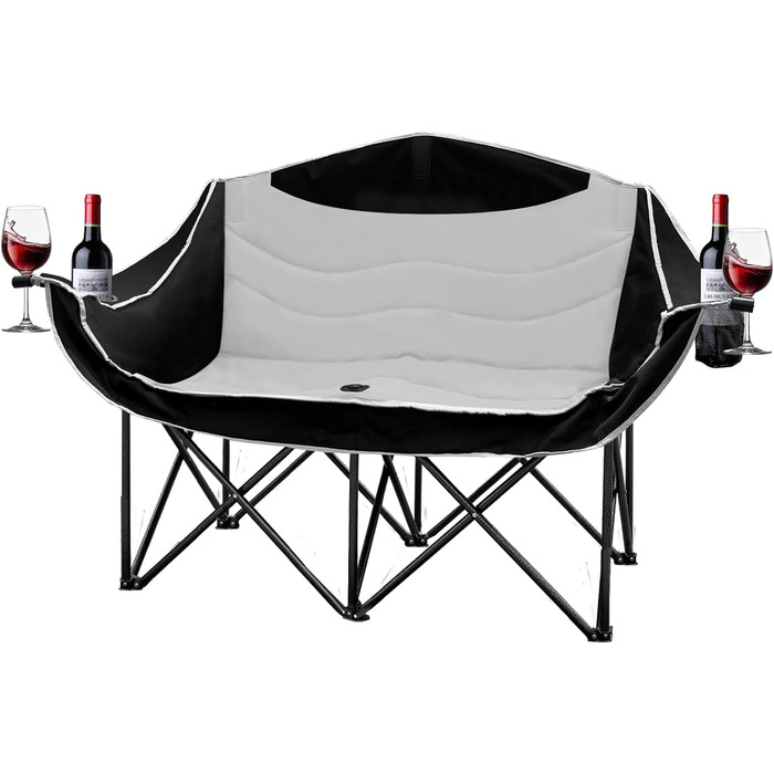 Двомісний розкладний крісло-диван для кемпінгу з підстаканниками, великий, чорно-білий