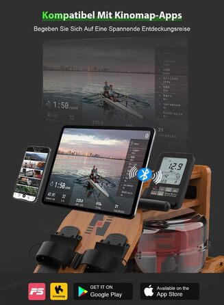 Гребний тренажер Neezee для дому, складаний, з масивного дерева, Bluetooth, підтримка планшета, до 200 кг, сумісний з Kinomap, коричневий