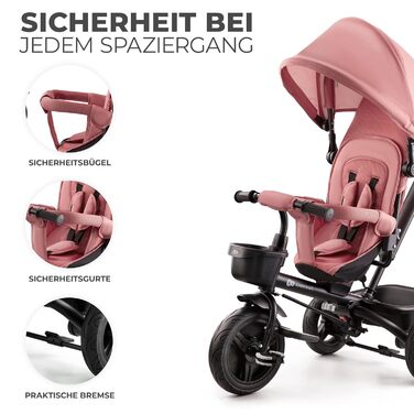 Триколісний велосипед Kinderkraft AVEO для дітей від 9 місяців до 25 кг, з батьківською ручкою, складаний, з поворотним сидінням, сонцезахисним козирком, підстаканником і кошиком, рожевий