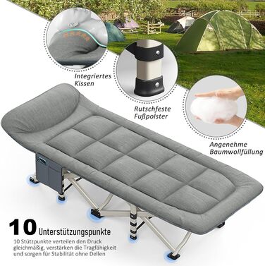 Кемпінгове ліжко Caliyo, розкладне, для відпочинку та гостей, 190x68x40 см, з сумкою для зберігання, сірого кольору