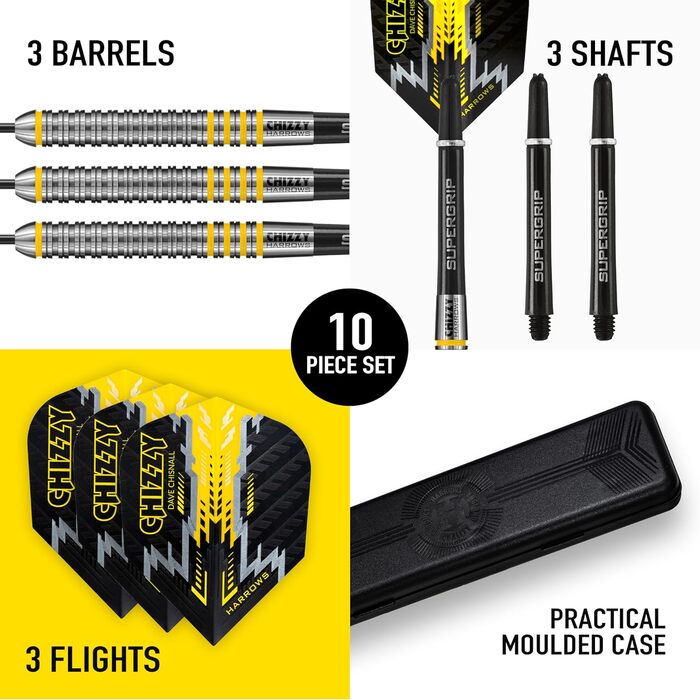 Дротики Harrows Dave Chisnall Chizzy 80% вольфрамові з сталевим вістрям 21г, 22г, 23г, 24г, з чорними Supergrip Midi хвостовиками, Prime оперенням і кейсом для транспортування