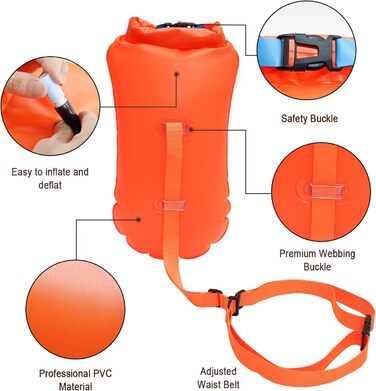 Надувна плавуча шийка 20L помаранчевого кольору для дорослих та дітей - безпечний тримач для плавання у відкритій воді та триатлону