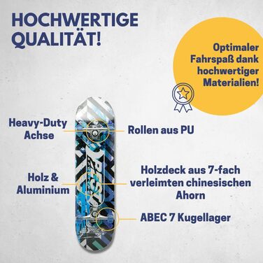 Скейтборд Best Sporting з підшипниками ABEC 7, дерево та алюміній, для дорослих, 78,5×20,4 см, синій, вуличний