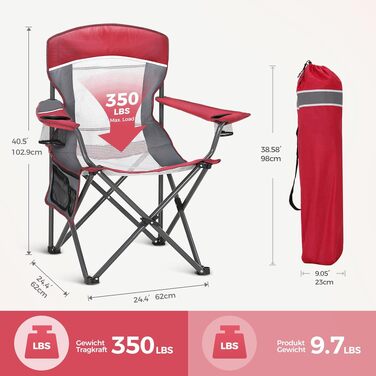 Складаний кемпінговий стілець LET'S CAMP з підсклянником та сумкою для перенесення, сітчаста спинка, навантаження до 150 кг (Червоний)