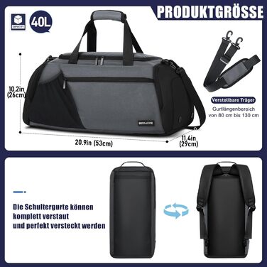 Спортивна сумка для чоловіків 40L, велика, рюкзак-сумка для подорожей, з відділенням для взуття та мокрих речей, водонепроникна, для плеча та ручки, тренувальна сумка, сумка-вікендер сірого кольору