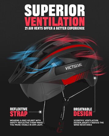 Велосипедний шолом VICTGOAL для чоловіків і жінок MTB з магнітним знімним візором, 21 вентиляційний отвір, регульований, захисні окуляри