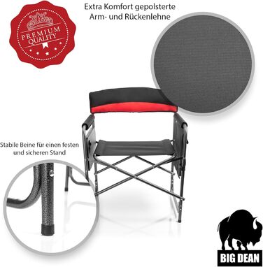 Крісло для кемпінгу BigDean 150 кг з столиком – складне крісло з підсклянником та кишенею. Якісне рибальське крісло сірого/чорного кольору. Складне крісло режисера (чорний/червоний)